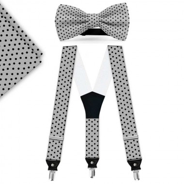 Set papion, batista, bretele, gri,  buline negre mici